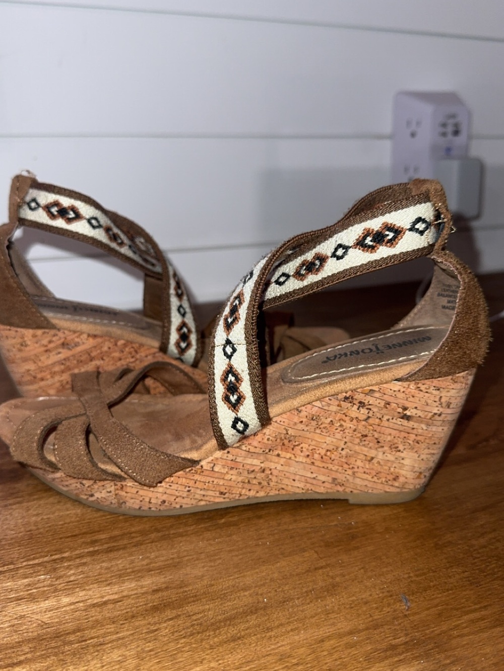 Minnetonk Brown Cork Wedge leather Sandals with Embroidered Cream Ankle Strap
